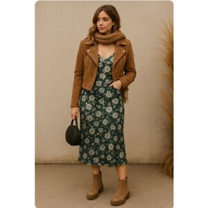 17 Women's Green Floral Satin Slip Dress | Adjustable Tie Straps Midi Dress